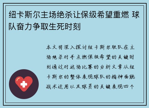 纽卡斯尔主场绝杀让保级希望重燃 球队奋力争取生死时刻