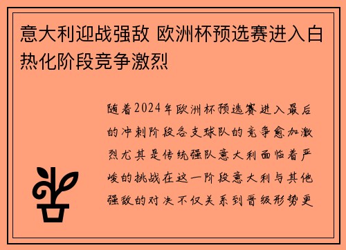 意大利迎战强敌 欧洲杯预选赛进入白热化阶段竞争激烈