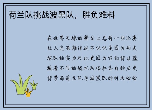 荷兰队挑战波黑队，胜负难料