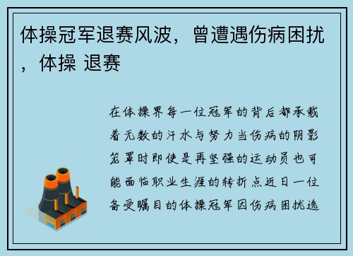 体操冠军退赛风波，曾遭遇伤病困扰，体操 退赛