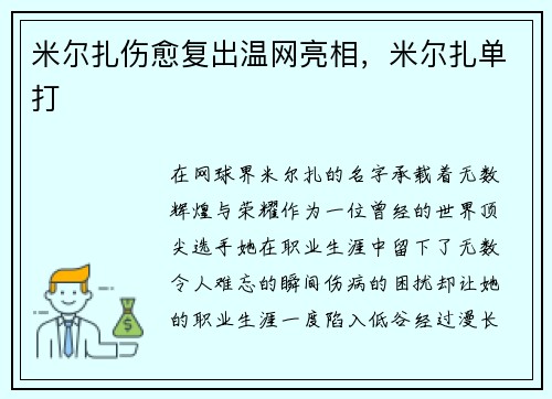 米尔扎伤愈复出温网亮相，米尔扎单打