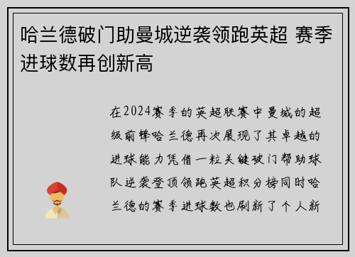 哈兰德破门助曼城逆袭领跑英超 赛季进球数再创新高