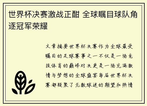 世界杯决赛激战正酣 全球瞩目球队角逐冠军荣耀