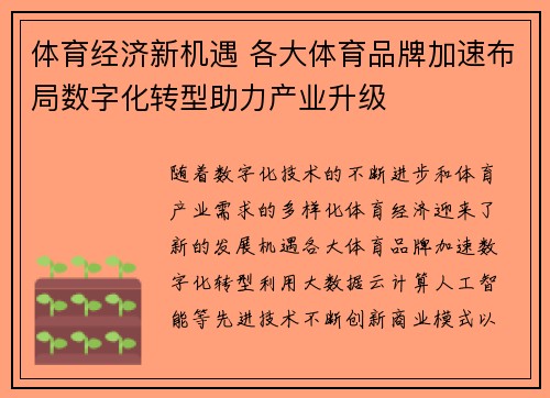 体育经济新机遇 各大体育品牌加速布局数字化转型助力产业升级