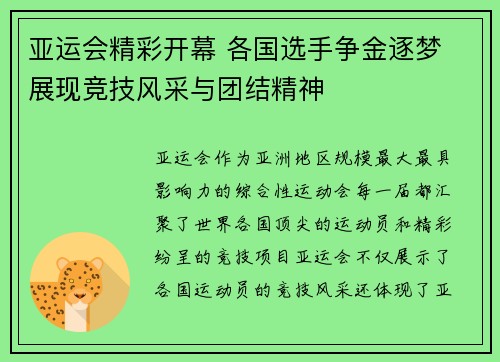 亚运会精彩开幕 各国选手争金逐梦 展现竞技风采与团结精神