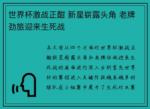 世界杯激战正酣 新星崭露头角 老牌劲旅迎来生死战
