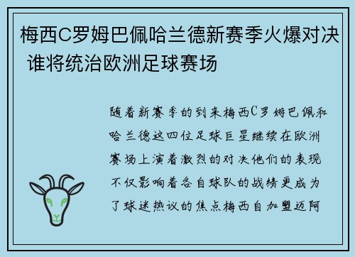 梅西C罗姆巴佩哈兰德新赛季火爆对决 谁将统治欧洲足球赛场