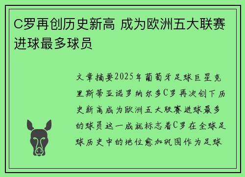 C罗再创历史新高 成为欧洲五大联赛进球最多球员